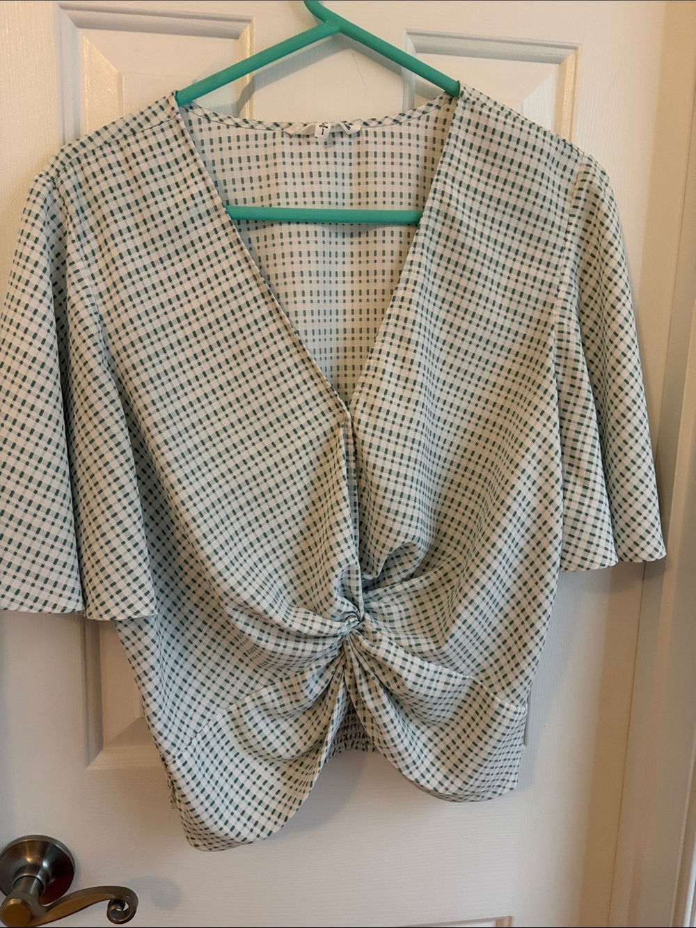 june & hudson Green Plaid Twist-Front V-Neck Blouse